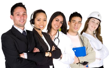 business professionals in different career paths over a white background